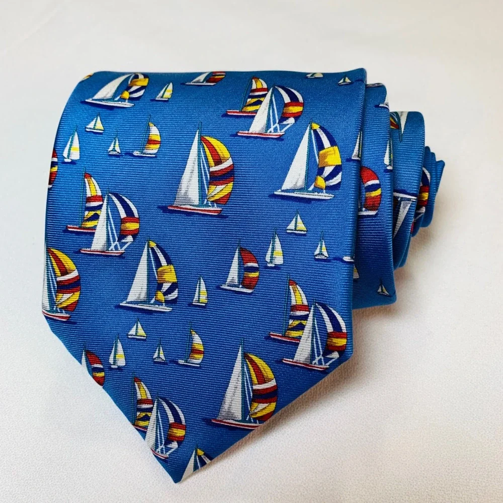 Serry's Blue Silk Necktie Sailboat Pattern Nautical Menswear Fashion Tie Hanover